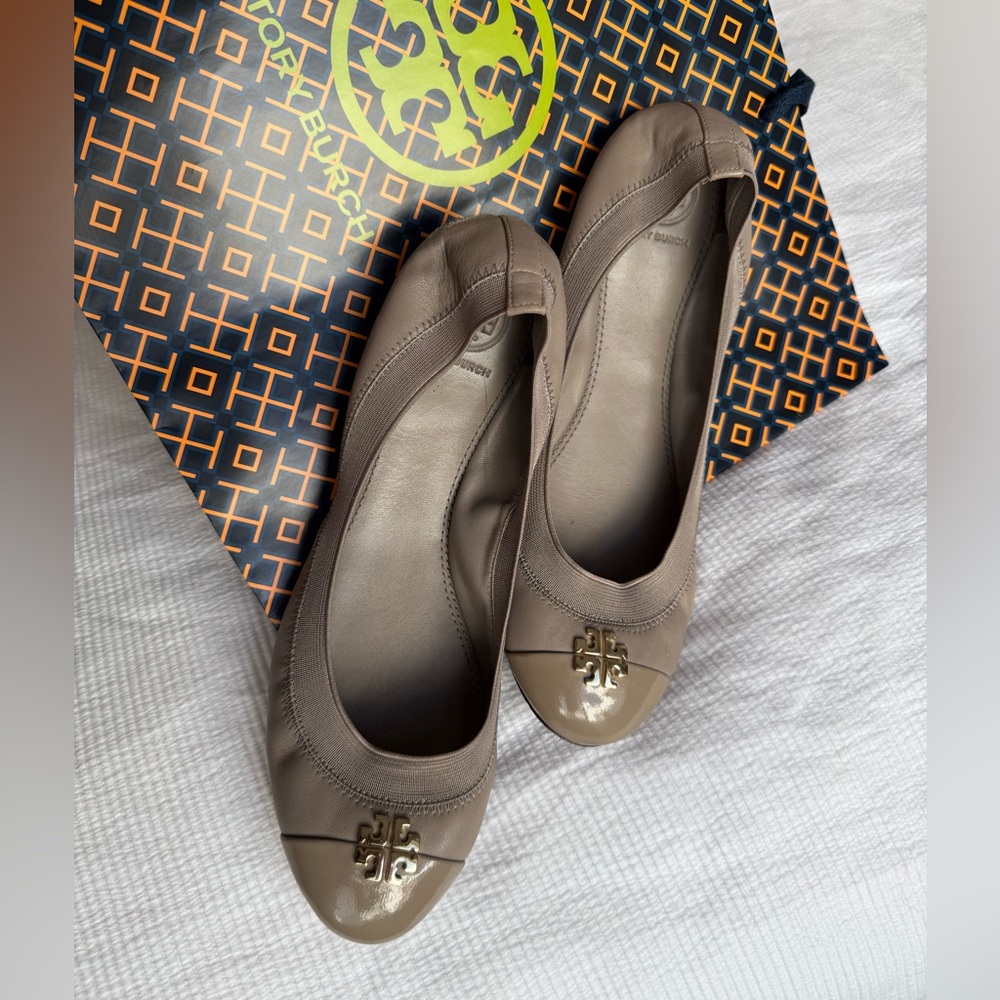 Tory Burch Signature Logo Taupe Cap-Toe Flats